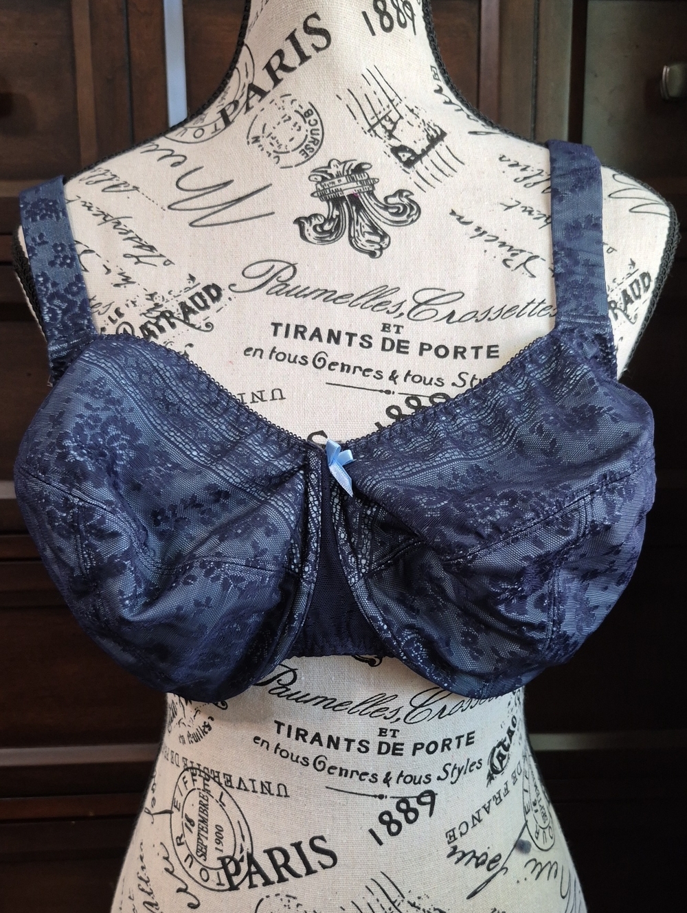 Navy Lace Underwire Bra with Bow Accent
